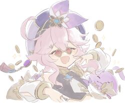Rule 34 | 1girl, ahoge, blush, closed eyes, coin, detached sleeves, dori (genshin impact), genshin impact, glasses, hair between eyes, hair ornament, hairclip, hand to own mouth, hat, jinni (genshin impact), laughing, money, money bag, open mouth, pince-nez, pink hair, purple headwear, shirase (shirose), simple background, sparkle, tassel, upper body, white background