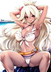 Rule 34 | 10s, 1girl, armpits, arms behind head, arms up, belt, bikini, blush, breasts, cleavage, dark-skinned female, dark skin, flower, front-tie top, granblue fantasy, hair flower, hair ornament, large breasts, long hair, navel, open mouth, rock, simple background, sitting, solo, souryu, swimsuit, white background, white bikini, zooey (granblue fantasy), zooey (summer) (granblue fantasy)