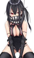 Rule 34 | 1girl, :o, arm strap, azur lane, bandana, bandana over mouth, bare shoulders, between legs, black bandana, black hair, black one-piece swimsuit, black panties, black thighhighs, blush, breasts, cleavage, cleavage cutout, clothing cutout, covered mouth, cowboy shot, cross, cross earrings, crossed bangs, dated, earrings, eyes visible through hair, front zipper swimsuit, hair between eyes, hand between legs, head tilt, headgear, highres, iron cross, jewelry, kinokorec, large breasts, leaning forward, leotard, long hair, looking at viewer, meme attire, multicolored hair, no bra, one-piece swimsuit, open mouth, out of frame, panties, red eyes, scarf, sidelocks, signature, simple background, skindentation, solo, streaked hair, swimsuit, thighhighs, thighs, u-47 (azur lane), underwear, unzipped, upper body, white background, white hair