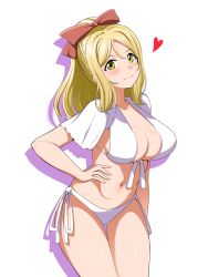 Rule 34 | 1girl, alternate hairstyle, artist name, artist request, bare legs, bikini, blonde hair, blush, bow, breasts, brown eyes, cleavage, collarbone, female focus, front-tie bikini top, front-tie top, green eyes, hair bow, hand on own hip, heart, high ponytail, highres, looking at viewer, love live!, love live! sunshine!!, medium breasts, ohara mari, parted lips, ponytail, red bow, short hair, short sleeves, side-tie bikini bottom, smile, solo, swimsuit, white bikini, yellow eyes