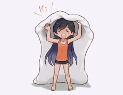 Rule 34 | 1girl, alternate costume, barefoot, black hair, black shorts, casual, commentary request, closed eyes, facing viewer, full body, i-400 (kancolle), kantai collection, long hair, open mouth, orange tank top, round teeth, saiguchi otoufu, shorts, simple background, sleepwear, smile, solo, tank top, teeth, under covers, upper teeth only, white background