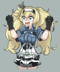 Rule 34 | 1girl, black gloves, blonde hair, blue eyes, blue shirt, breast pocket, breasts, cropped legs, crying, gambier bay (kancolle), gloves, grey background, hair between eyes, hairband, hands up, headgear, highres, kantai collection, long hair, medium breasts, pocket, shaded face, shirt, shorts, simple background, solo, tears, tirarizun, twintails