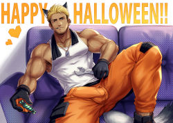 Rule 34 | 1boy, animal costume, animal ears, bara, bare arms, blonde hair, brown hair, bulge, candy, chest hair, erection, erection under clothes, facial hair, food, gluteal fold, halloween, halloween costume, happy halloween, highres, large pectorals, leg up, male focus, multicolored hair, muscular, nipple slip, nipples, orange pants, original, pants, pectorals, short hair, sideburns, solo, spread legs, stubble, tail, tank top, thick thighs, thighs, two-tone hair, veins, werewolf, white tank top, wolf boy, wolf costume, wolf ears, wolf tail, yzpyn