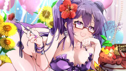 Rule 34 | 1girl, balloon, bikini, bracelet, breasts, cake, cleavage, collarbone, commission, dated, earrings, flower, food, fork, fruit, hair flower, hair ornament, happy birthday, himeyamayuri, holding, holding fork, jewelry, lemon, lemon slice, open mouth, original, purple eyes, purple hair, purple nails, red-framed eyewear, red flower, semi-rimless eyewear, side-tie bikini bottom, signature, skeb commission, solo, star (symbol), star earrings, strawberry, sunflower, swimsuit, twintails