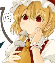 Rule 34 | 1girl, ascot, blonde hair, blush, closed mouth, commentary request, crystal, flandre scarlet, food, frilled shirt collar, frills, hair between eyes, hand on own cheek, hand on own face, hat, heart, holding, holding stick, mob cap, oden, red eyes, short hair, smile, solo, spoken heart, stick, touhou, upper body, white hat, wings, yamabukiiro (browncat), yellow ascot, ||/