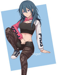 Rule 34 | 1girl, black pantyhose, black shorts, black sports bra, blue eyes, blue hair, breasts, byleth (female) (fire emblem), byleth (fire emblem), cleavage, commentary, contemporary, cropped hoodie, edie crop hoodie, english commentary, fila, fire emblem, fire emblem: three houses, hair between eyes, highres, hood, hood down, hoodie, invisible chair, leg up, light smile, looking at viewer, medium breasts, medium hair, meme attire, midriff, navel, nintendo, pantyhose, product placement, shoes, short shorts, shorts, signature, sitting, sneakers, solo, sports bra, tailong yo