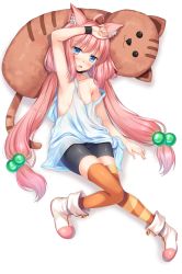 Rule 34 | 1girl, ahoge, animal ear fluff, animal ears, arm on own head, arm up, armpits, asymmetrical legwear, bare shoulders, bike shorts, blue eyes, blush, boots, cat ears, cat girl, choker, collarbone, female focus, flat chest, hair bobbles, hair ornament, highres, hinata channel, knees together feet apart, long hair, low twintails, lying, mismatched legwear, nekomiya hinata, no bra, no nipples, on back, open mouth, orange thighhighs, pink hair, shorts, simple background, solo, strap slip, striped clothes, striped thighhighs, stuffed toy, thighhighs, twintails, vest, virtual youtuber, watch, white background, white footwear, white vest, wristwatch, yoruda