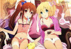 Rule 34 | 2girls, absurdres, blonde hair, blue eyes, bra, breasts, brown hair, camisole, chair, collarbone, cowboy shot, food, highres, hood, hoodie, jacket, kamikita komari, little busters!, long sleeves, looking at viewer, medium breasts, megami magazine, mouth hold, multiple girls, nail polish, natsume rin, navel, official art, ogata hiromi, open clothes, open hoodie, open jacket, open shorts, panties, pink bra, pink panties, ponytail, popsicle, pudding, red eyes, rubber duck, shirt, short shorts, shorts, sleeveless, sleeveless shirt, small breasts, spaghetti strap, spoon, stomach, throne, underwear, underwear only