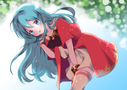 Rule 34 | 1girl, :d, absurdres, aged down, aqua eyes, aqua hair, azusa (azchemist63), bent over, bracelet, eirika (fire emblem), fire emblem, fire emblem: the sacred stones, fire emblem heroes, hair between eyes, hand in own hair, highres, jewelry, long hair, looking at viewer, nintendo, official alternate costume, open mouth, smile, thighhighs, twitter username