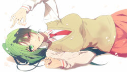 Rule 34 | 1girl, amazuki jou, breasts, cardigan, cherry blossoms, collared shirt, flower, green eyes, green hair, hair between eyes, highres, higurashi no naku koro ni, holding, holding flower, large breasts, long hair, long sleeves, looking at viewer, lying, necktie, on side, one eye closed, open mouth, petals, pleated skirt, red necktie, red skirt, ribbon, school uniform, shirt, simple background, skirt, smile, solo, sonozaki mion, upper body, very long hair, white background, white shirt, yellow cardigan