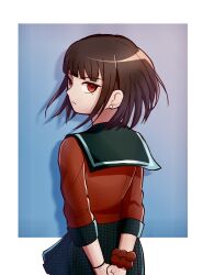 Rule 34 | 1girl, alternate hair length, alternate hairstyle, arms behind back, black sailor collar, black skirt, blue background, closed mouth, danganronpa (series), danganronpa v3: killing harmony, from behind, frown, harukawa maki, highres, kirin (suzoke 1), looking at viewer, looking back, miniskirt, own hands together, plaid, plaid skirt, red eyes, red scrunchie, red shirt, sailor collar, scrunchie, shirt, short hair, skirt, solo, white background, wrist scrunchie