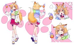 Rule 34 | 1girl, absurdres, animal ears, braid, breasts, brown eyes, cat ears, cat girl, cat tail, character sheet, cleavage, commentary, commission, english commentary, fire, half-closed eyes, highres, indie virtual youtuber, jacket, kitanya nyanta, looking to the side, loose socks, medium breasts, midriff, multiple views, open clothes, open hand, open jacket, parted bangs, projekt mercury, second-party source, shoes, short hair, side braid, smile, sneakers, socks, surprised, tail, tube socks, virtual youtuber, white jacket