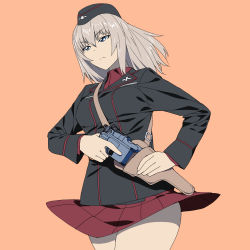 Rule 34 | 1girl, black hat, black jacket, blue eyes, closed mouth, clothes lift, commentary, cowboy shot, dress shirt, frown, garrison cap, girls und panzer, gun, half-closed eyes, hand on own hip, harness, hat, highres, holding, holding gun, holding weapon, holster, insignia, itsumi erika, jacket, kuromorimine military uniform, long hair, long sleeves, military, military hat, military uniform, miniskirt, onsen tamago (hs egg), orange background, pleated skirt, red shirt, red skirt, shirt, silver hair, simple background, skirt, skirt lift, solo, standing, trigger discipline, uniform, weapon, wind, wind lift