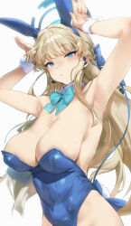 Rule 34 | 1girl, animal ears, armpits, bare shoulders, blonde hair, blue archive, blue eyes, blue leotard, bow, bowtie, braid, breasts, detached collar, fake animal ears, fake tail, halo, highres, kurowa, large breasts, leotard, long hair, looking at viewer, multicolored hair, official alternate costume, playboy bunny, rabbit ears, rabbit pose, rabbit tail, solo, strapless, strapless leotard, streaked hair, sweat, tail, toki (blue archive), toki (bunny) (blue archive), very long hair, white background, wrist cuffs