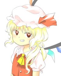 Rule 34 | 1girl, ascot, blonde hair, bright pupils, fang, flandre scarlet, grin, hat, hat ribbon, long hair, low side ponytail, mob cap, nonamejd, official style, puffy short sleeves, puffy sleeves, red eyes, red ribbon, red vest, ribbon, shirt, short sleeves, side ponytail, simple background, smile, solo, touhou, vest, white background, white hat, white pupils, white shirt, wings, yellow ascot, zun (style)