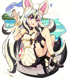 1girl absurdres animal_ears breasts chained_legs cleavage dress fire_emblem fire_emblem_engage fire_emblem_heroes grey_hair hair_ornament highres hoshinokotta looking_at_viewer multicolored_hair nintendo official_alternate_costume open_mouth panties pantyshot pleated_dress purple_eyes rabbit_ears small_breasts teeth two-tone_hair underwear upper_teeth_only veyle_(fire_emblem) veyle_(spring)_(fire_emblem) wavy_hair wing_hair_ornament