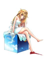 Rule 34 | 10s, 1girl, absurdres, alternate costume, amagami (makise tsubaki), arms at sides, bare legs, barefoot, black ribbon, blonde hair, blue dress, blue ribbon, blunt bangs, blush, breasts, cleavage, closed mouth, cloud, crossed legs, cube, dress, artistic error, flower, full body, hair flaps, hair ribbon, hanging, highres, kantai collection, kekkai sensen, long hair, looking at viewer, looking to the side, medium breasts, red eyes, red flower, red rose, ribbon, rose, simple background, sitting, smile, solo, sparkle, strapless, strapless dress, sundress, transparent background, very long hair, white background, wrong foot, yuudachi (kancolle), yuudachi kai ni (kancolle)