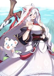 Rule 34 | 1girl, absurdres, afrody, animal hood, blue eyes, breasts, cloud, day, detached sleeves, dress, druid kanna, guardian tales, hair between eyes, highres, hood, large breasts, long bangs, long hair, looking at animal, mountain, obi, open mouth, outdoors, paw pose, sash, sky, solo, standing, tail, teeth, tiger, upper teeth only, white dress, white hair
