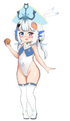 Rule 34 | 1girl, :d, absurdres, anchor symbol, bailingxiao jiu, bare arms, bare shoulders, blue eyes, blue hat, blush, boots, covered navel, fang, feathers, food, fruit, full body, glasses, groin, hair ornament, hat, hat feather, heart, heart-shaped pupils, heterochromia, highres, holding, holding food, leotard, long hair, looking at viewer, low twintails, mandarin orange, open mouth, original, pirate hat, red-framed eyewear, red eyes, semi-rimless eyewear, silver hair, simple background, smile, solo, standing, symbol-shaped pupils, thigh boots, thighhighs, twintails, under-rim eyewear, white background, white feathers, white footwear, white leotard, white thighhighs