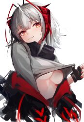 Rule 34 | 1girl, absurdres, antennae, arknights, black gloves, black jacket, breasts, closed mouth, clothes lift, demon girl, demon horns, fingerless gloves, gloves, grey hair, grey shirt, highres, horns, jacket, large breasts, lifted by self, looking at viewer, nekomatamago, open clothes, open jacket, red nails, shirt, shirt lift, short hair, simple background, smile, solo, upper body, w (arknights), white background