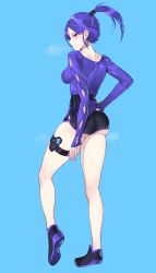 Rule 34 | 1girl, absurdres, ass, bare legs, black footwear, black shorts, blue background, blush, breasts, closed mouth, copyright request, from behind, full body, hand on own hip, highres, ia (ias1010), joy-con, long sleeves, looking at viewer, looking back, medium breasts, mole, mole under eye, mole under mouth, purple eyes, purple hair, purple shirt, shirt, shoes, short hair, short ponytail, short shorts, shorts, simple background, smile, solo, standing, thigh strap