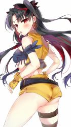 Rule 34 | 1girl, ass, bare shoulders, belt, black belt, black hair, blush, breasts, brown belt, commentary request, earrings, fate/grand order, fate (series), fingerless gloves, gloves, hair ornament, highres, hoop earrings, ishtar (fate), jewelry, leg belt, long hair, looking at viewer, looking to the side, medium breasts, multicolored hair, open clothes, open mouth, open vest, parted bangs, red eyes, red hair, short shorts, shorts, simple background, skindentation, solo, space ishtar (fate), space ishtar (second ascension) (fate), sweat, tomozero, two-tone hair, two side up, very long hair, vest, white background, yellow gloves, yellow shorts, yellow vest