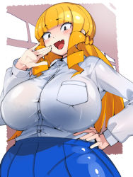 Rule 34 | 1girl, black bra, black eyes, blonde hair, blouse, blue skirt, blunt bangs, blush, bra, breast pocket, breasts, buttons, check commentary, collared shirt, commentary request, drill hair, drill sidelocks, fang, frilled bra, frills, hand on own hip, highres, kaneda mochiko, large breasts, laughing, mount celeb kaneda-san, mount celebrity kaneda-san, ojou-sama pose, open mouth, pocket, see-through, see-through shirt, shirt, sidelocks, skin fang, skirt, solo, takayama toshinori, tongue, underwear, white shirt