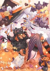 Rule 34 | 1girl, animal ears, aoi yugina, asymmetrical legwear, bat (animal), bat hair ornament, black dress, black footwear, bow, candy, cat, cat ears, cat girl, cat tail, closed mouth, clothing cutout, dress, fang, food, frilled dress, frills, frown, ghost, grey hair, grey pantyhose, hair ornament, halloween, hat, hat bow, highres, holding, holding candy, holding food, holding lollipop, indoors, jack-o&#039;-lantern, jack-o&#039;-lantern hair ornament, lollipop, long hair, long sleeves, looking at viewer, night, original, pantyhose, red eyes, red thighhighs, shoes, short dress, shoulder cutout, single leg pantyhose, sitting, skin fang, slit pupils, solo, star (symbol), striped clothes, striped pantyhose, striped thighhighs, tail, thighhighs, vertical-striped clothes, vertical-striped pantyhose, very long hair, window, witch hat, x hair ornament