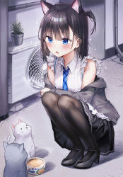 Rule 34 | 1girl, animal, animal ear fluff, animal ears, bare shoulders, black footwear, black hair, black jacket, black pantyhose, black skirt, blue eyes, blue necktie, blush, bowl, can, canned food, cat, cat ears, collared shirt, commentary request, drooling, extra ears, food, frills, high heels, jacket, long hair, long sleeves, looking down, necktie, off shoulder, one side up, open mouth, original, outdoors, pantyhose, pet bowl, pet food, plaid necktie, plaid neckwear, plant, pleated skirt, potted plant, rangu, shirt, shoes, skirt, sleeveless, solo, sparkle, squatting, striped, sweatdrop, white cat, white shirt