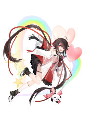 Rule 34 | 1girl, ahoge, black hair, china dress, chinese clothes, detached sleeves, dress, frilled dress, frills, hair ornament, heart, highres, long hair, multicolored hair, open mouth, panda hair ornament, pulao: dragontoll (punishing: gray raven), pulao (punishing: gray raven), punishing: gray raven, rainbow, red dress, red eyes, red hair, slixin, star (symbol), streaked hair, stuffed animal, stuffed panda, stuffed toy, twintails, very long hair