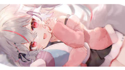 Rule 34 | 1girl, :d, animal, animal ears, commentary, copyright name, gao, guild cq, happy, holding, holding pillow, jacket, kurenagi eri, looking at viewer, lying, multicolored hair, open mouth, pillow, red eyes, skirt, smile, solo, streaked hair, tail, toufu mentaru zabuton, virtual youtuber, white hair