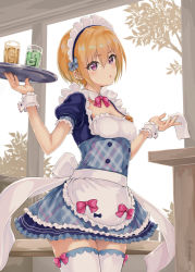 Rule 34 | 1girl, alternate costume, apron, back bow, blonde hair, blue bow, blush, bow, breasts, buttons, chestnut mouth, collarbone, commentary request, cowboy shot, cup, dress, drink, drinking glass, enmaided, frills, glass, hair between eyes, holding, holding tray, idolmaster, idolmaster shiny colors, indoors, leaf, looking at viewer, maid, maid apron, maid headdress, necktie, oonaka ito, open mouth, pink bow, pink necktie, puffy short sleeves, puffy sleeves, purple eyes, ribbon, saijo juri, short hair, short sleeves, small breasts, solo, standing, thighhighs, tray, tree, waist apron, white thighhighs, wrist cuffs