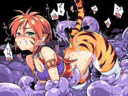Rule 34 | 1girl, animal ears, armlet, ass, black background, blush, bottomless, breath of fire, breath of fire ii, clenched teeth, drooling, facial mark, monster, monster girl, motion lines, red hair, restrained, rinpoo chuan, short hair, slime, tail, teeth, tentacles, tentacle sex, tentacles, tiger ears, tiger tail, tomoshibi hidekazu