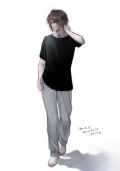 Rule 34 | 1boy, alternate costume, barefoot, black shirt, brown hair, casual, commentary request, dated, final fantasy, final fantasy viii, grey pants, hand on own hip, hand on own neck, hiryuu (kana h), looking to the side, male focus, pants, scar, scar on face, shadow, shirt, short hair, signature, simple background, solo, squall leonhart, standing, sweatpants, t-shirt, translation request, walking, white background