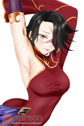 Rule 34 | 1girl, :p, armpits, arms up, black hair, breasts, cinder fall, detached sleeves, hair over one eye, highres, kimmy77, medium breasts, patreon logo, rwby, scar, scar on face, short hair, single sleeve, solo, tongue, tongue out, watermark, web address, white background, yellow eyes