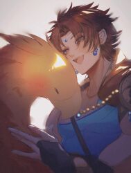 Rule 34 | 1boy, armor, bartz klauser, beads, bird, blue eyes, blue gemstone, blue shirt, blush, brown hair, chocobo, circlet, closed eyes, commentary, dangle earrings, daonov1, earrings, english commentary, final fantasy, final fantasy v, gem, grey background, half-closed eyes, hand up, happy, highres, jewelry, male focus, muscular, muscular male, open mouth, pauldrons, petting, shirt, short hair, shoulder armor, single pauldron, sleeveless, sleeveless shirt, smile, upper body