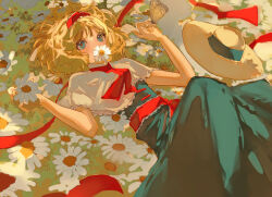 Rule 34 | 1girl, alice margatroid, blonde hair, blue dress, blue eyes, blush, bug, butterfly, capelet, covered mouth, dress, flower, hairband, hands up, hat, unworn hat, unworn headwear, highres, holding, holding flower, insect, lying, on back, on ground, red hairband, red ribbon, ribbon, shru (ss sl99), solo, sun hat, touhou, white capelet, white flower, yellow butterfly, yellow headwear