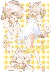 1girl animal_ears annoyed barefoot cat_ears cat_girl cat_tail commission dress fingernails heart heart-shaped_pupils medium_hair multiple_views namagaki_ataru one_eye_closed original skeb_commission solo symbol-shaped_pupils tail thigh_strap white_dress yellow_eyes