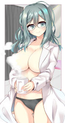 Rule 34 | 1girl, ahoge, aqua eyes, aqua hair, black panties, blush, breasts, cleavage, closed mouth, coat, coffee mug, collarbone, collared coat, commentary request, convenient censoring, cup, fingernails, glasses, gluteal fold, groin, hair between eyes, happy, highres, holding, holding cup, indoors, kyouno komatsu, lab coat, large breasts, long hair, looking at viewer, mug, naked coat, open clothes, open coat, outside border, panties, riddle joker, shikibe mayu, sidelocks, smile, solo, standing, steam, steam censor, swimsuit, thigh gap, thighs, underwear, wavy hair, white coat, yuzu-soft