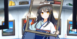 Rule 34 | 1girl, abstract, bag, black hair, blush, bowler hat, brown eyes, commentary, drawing (object), fisheye, hair ribbon, hat, highres, japanese clothes, kimono, long hair, looking at viewer, mount fuji, obi, original, picture frame, ribbon, sash, signature, smile, solo, suitcase, tamanoti, torii, train interior, upper body, water