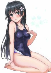Rule 34 | 1girl, barefoot, black hair, black one-piece swimsuit, breasts, collarbone, competition swimsuit, floral background, flower, green eyes, hair flower, hair ornament, isshi pyuma, long hair, looking at viewer, medium breasts, one-piece swimsuit, saten ruiko, sitting, solo, swimsuit, toaru kagaku no railgun, toaru majutsu no index, twitter username, wariza, white background