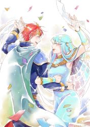 Rule 34 | 1boy, 1girl, :d, aqua dress, aqua hair, arm hug, arm up, armor, bare shoulders, belt, blue armor, blue eyes, blurry, blush, bracelet, cape, clenched hand, closed eyes, couple, dancing, depth of field, detached sleeves, dress, eliwood (fire emblem), fire emblem, fire emblem: the blazing blade, hair ornament, hand on another&#039;s hip, hand on another&#039;s waist, happy, hetero, jewelry, locked arms, long dress, long hair, long sleeves, looking at another, ninian, nintendo, open mouth, red eyes, red hair, round teeth, short hair, silver hair, sleeveless, sleeveless dress, smile, teeth, tiara, veil
