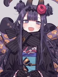Rule 34 | 1girl, 3j dangan, :d, black gloves, black kimono, black scarf, double bun, fang, gloves, grey background, hair bun, highres, hololive, hololive english, horns, japanese clothes, kimono, long hair, long sleeves, looking at viewer, ninomae ina&#039;nis, ninomae ina&#039;nis (new year), obi, open mouth, pointy ears, purple hair, sash, scarf, simple background, smile, solo, striped clothes, striped scarf, tentacles, virtual youtuber
