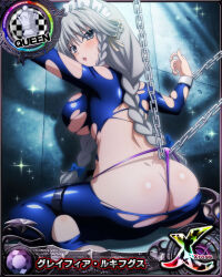 Rule 34 | 1girl, ass, bdsm, blue bodysuit, blue bow, blush, bodysuit, bondage, bound, bow, braid, breasts, butt crack, card (medium), chain, chess piece, dimples of venus, female focus, grayfia lucifuge, grey eyes, grey hair, hair bow, high school dxd, large breasts, long hair, looking at viewer, looking back, maid headdress, matching hair/eyes, official art, panties, purple panties, queen (chess), solo, thong, torn bodysuit, torn clothes, twin braids, underwear, wedgie