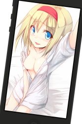 Rule 34 | 1girl, alice margatroid, blonde hair, blue eyes, blush, bottomless, breasts, cellphone, hairband, hood, hoodie, naked hoodie, nipples, nirap, no bra, no pants, open clothes, open shirt, phone, reaching, reaching towards viewer, selfie, shirt, short hair, simple background, smartphone, smile, solo, touhou