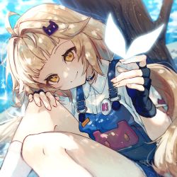 Rule 34 | 1girl, ahoge, blonde hair, close-up, fingerless gloves, gloves, hair ornament, hairclip, highres, jewelry, long hair, looking at viewer, nakaba (mode), necklace, outdoors, overalls, shirli (tower of fantasy), shirt, sitting, smile, thighs, tower of fantasy, twintails, white shirt, yellow eyes