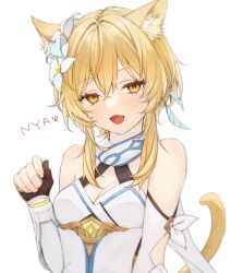 Rule 34 | 1girl, animal ear fluff, animal ears, bare shoulders, blonde hair, blush, breasts, cat ears, cat girl, cat tail, cleavage, dress, elbow gloves, fang, feather hair ornament, feathers, flower, genshin impact, gloves, hair between eyes, hair flower, hair ornament, highres, honotai, looking at viewer, lumine (genshin impact), open mouth, partially fingerless gloves, paw pose, scarf, short hair, short hair with long locks, sidelocks, simple background, sleeveless, sleeveless dress, small breasts, smile, solo, tail, upper body, white background, white dress, white flower, white scarf, yellow eyes