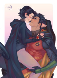 Rule 34 | 1boy, 1girl, aged up, black hair, car seat, damian wayne, dc comics, face-to-face, fingerless gloves, from side, girl on top, gloves, hand on another&#039;s head, hetero, leotard, muscular, muscular male, niahti, on lap, purple nails, raven (dc), robin (dc), sitting, sitting on lap, sitting on person, skin tight, straddling, teen titans, tight clothes