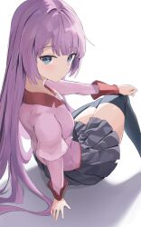 Rule 34 | 1girl, absurdres, bakemonogatari, black thighhighs, blue eyes, blush, breasts, closed mouth, collared shirt, commentary, eyelashes, foot out of frame, grey skirt, hand on own knee, highres, juliet sleeves, knees together feet apart, long hair, long sleeves, looking at viewer, medium breasts, monogatari (series), naoetsu high school uniform, parted bangs, pink shirt, pleated skirt, puffy sleeves, purple hair, romaji commentary, school uniform, senjougahara hitagi, shirt, sidelocks, sitting, skirt, solo, som (mnfx7235), thighhighs, thighs, v-shaped eyebrows, very long hair, white background, zettai ryouiki