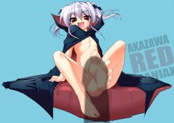 Rule 34 | 1girl, akazawa red, animated, arm support, barefoot, blue background, blush, fang, feet, flat chest, foot focus, footjob, leg up, light purple hair, looking at viewer, open mouth, penis, pov, red eyes, sitting, soles, toenails, toes, twintails, vampire
